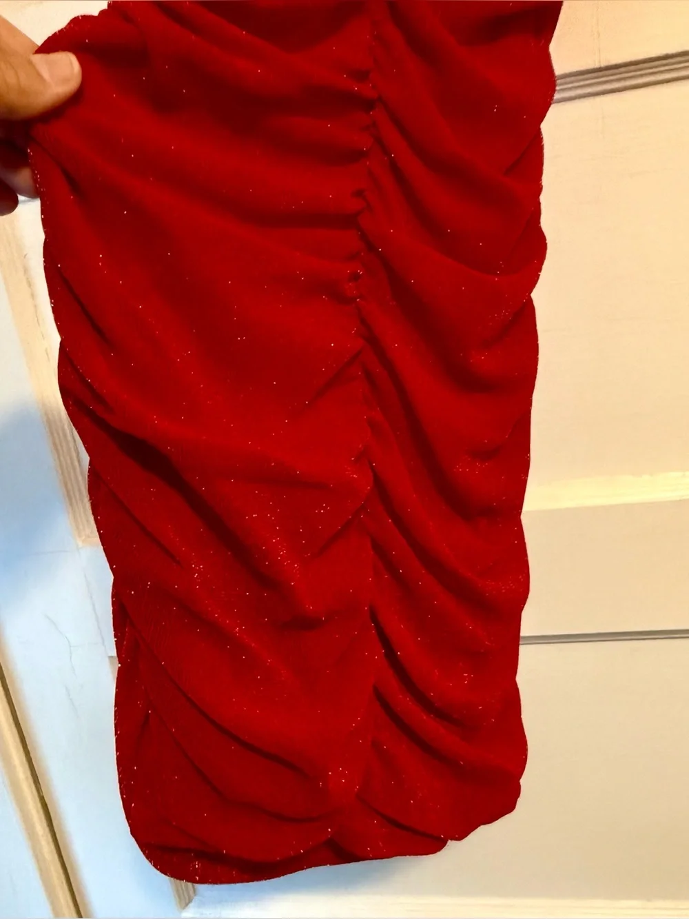 Red Ruched Bodycon Mini Dress Red Sparkle size Small - Picture 4 of 9